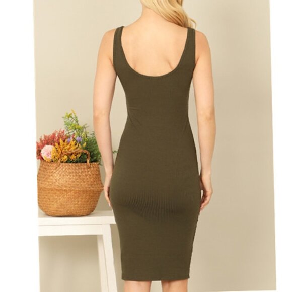 NWT Olive Ribbed Notch Neck Sleeveless Solid Bodycon Dress.Y2K Fitted Tank Dress - Picture 3 of 7